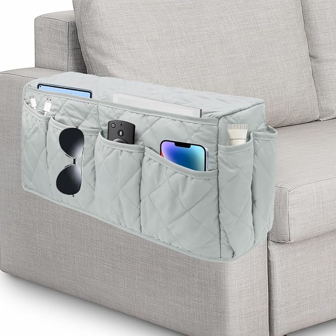 Remote Control Holder, Non Slip Bedside Armchair Caddy, Recliner Arm Caddy Armrest Organizer with 14 Pockets for Cell Phone TV Remote Control Magazines, Light Gray