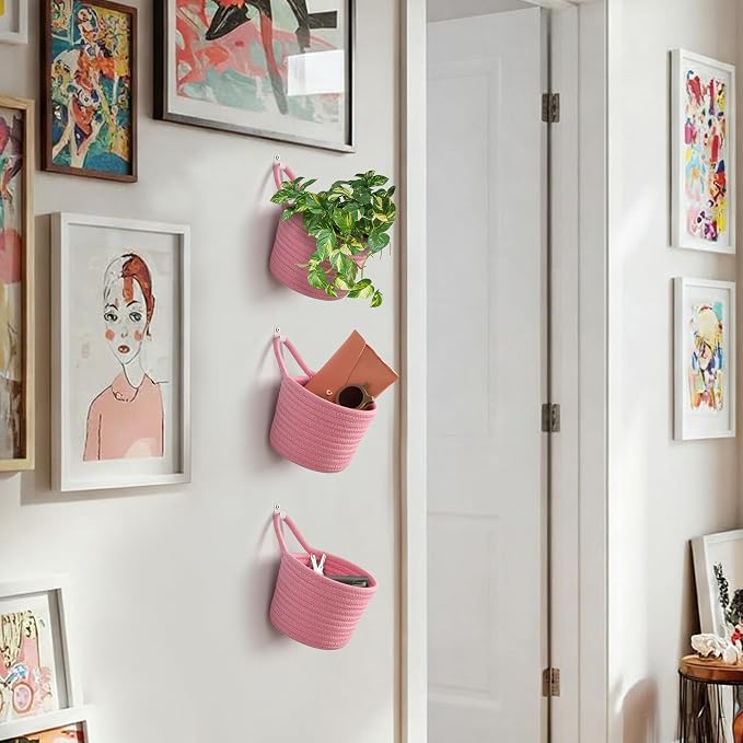 Fabric Wall Hanging Baskets - 3Pack Woven Pouchs Boho Style Wall Mounted Bag with Adhesive Hooks, Storage Organizers and Decoration Pocket Caddy Bins on Door Rack (Bright Pink & White, Large) | Wall Small Bags with Adhesive Hooks, Cotton Rope, Boho Dec...