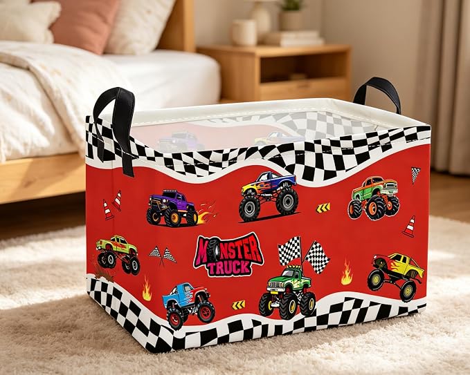 Essme Rectangular Kids Basket,Car Storage Bins Organizer with Handles for Boys Room Decor, Gift Basket,Shelf Basket.(Red Car)