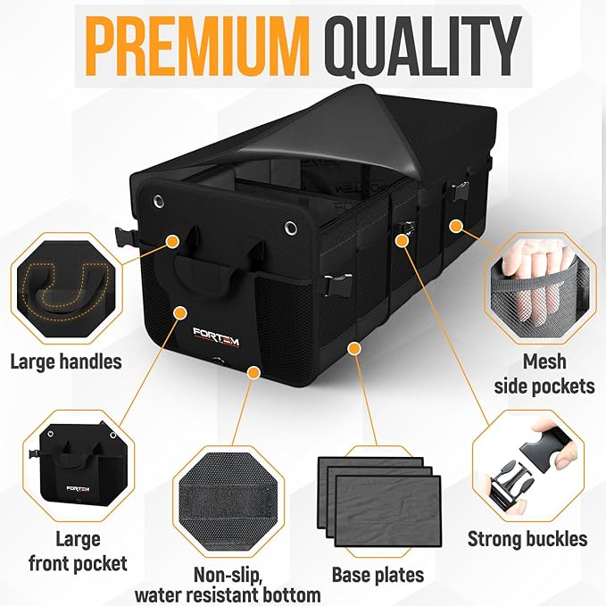 FORTEM Trunk Organizer - Collapsible Car Organizer & Storage Bag for SUVs | Car Accessories for Men & Women, Cooler Bag, Non Slip Bottom, Straps, Soft Cover, 1680D Oxford, 6 Compartments, Black, 110L