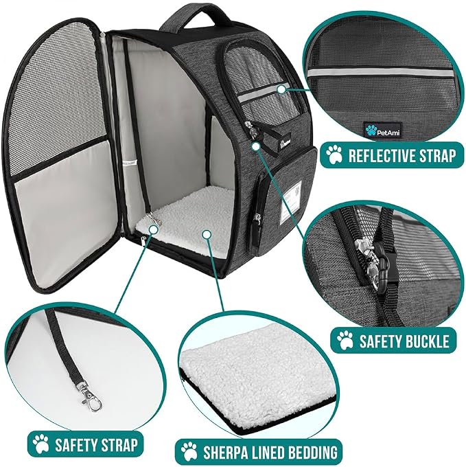 PetAmi Dog Backpack Carrier Airline Approved Cat Pet Puppy Bag, Charcoal | Ideal for Small Medium Large Pet up to 18 lb, 2 Side Entry Structured No-Collapse Frame, Ventilated Bookbag for Hiking Travel