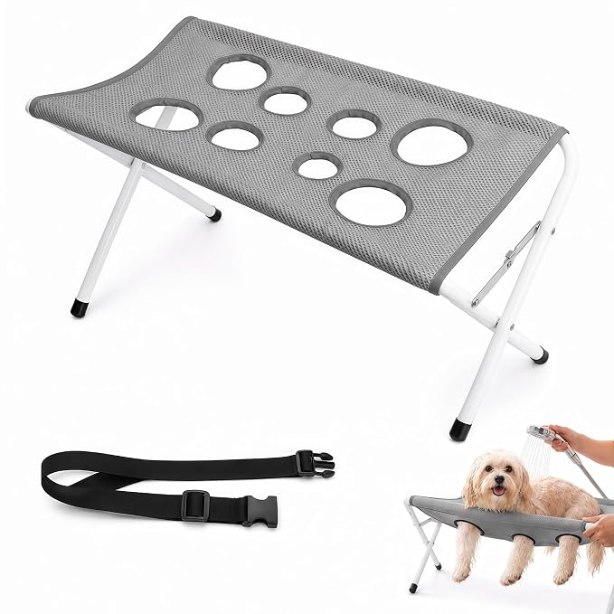 2027 New Portable Foldable Pet Shower Holder, Dog Shower Chair (Gray) | Pet Shower Grooming Hammock with Sling, Breathable Mesh Fabric, Foldable Portable for Grooming, Nail Trimming & Bathing