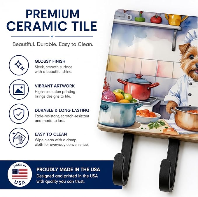 Caroline's Treasures Norfolk Terrier The Chef Leash or Key Holder Wall Hooks, Key Hooks Holder, Coat Rack Wall Mount, Coat Hooks, Hooks for Hanging Keys, Towels, Aprons, Leashes | Norfolk Terrier The Chef artwork on ceramic tile with three steel hooks ...