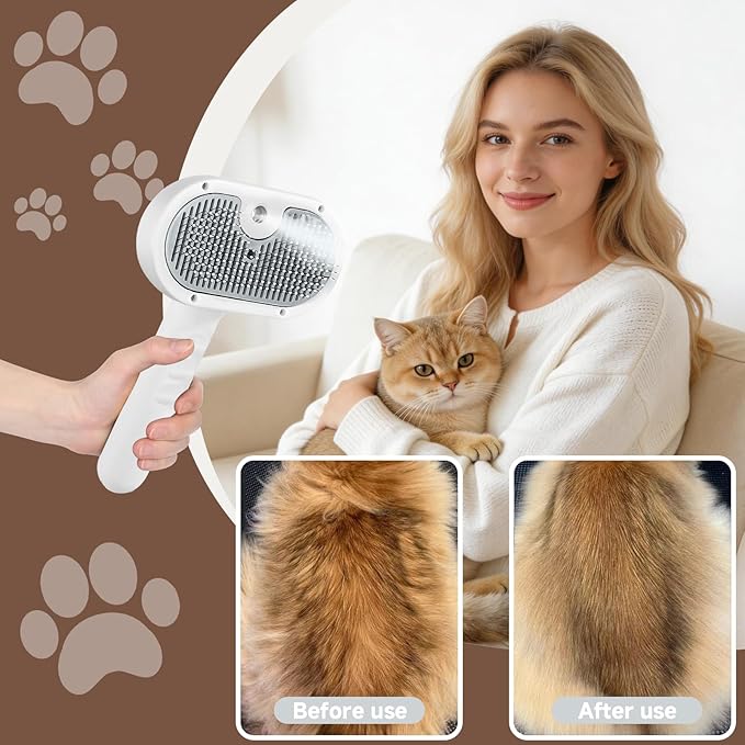 Pet Steam Brush for Dog & Cat - Pet comb leave-inserum for Shedding & Hair Removal - Self Cleaning Spray Comb with Mist for Long Haired Pets - Includes 2*Waterless Shampoo, Grey