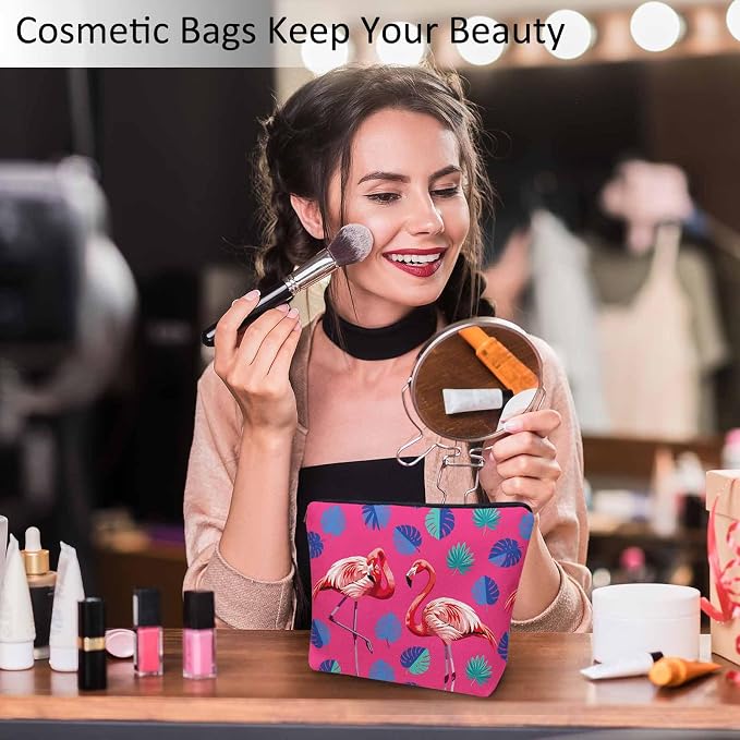 Flamingo Makeup Bag For Women, Adorable Cosmetic Pouch With Tropical Leaves Palms Pattern, Pink Zipper Travel Toiletry Organizer For Gym and Bathroom