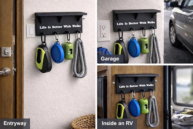 Dog Leash Holder for Wall with Shelf – 4 Hook Wall Mounted Organizer for Leashes, Harnesses & Accessories – “Life is Better with Walks” Entryway Pet Storage Rack