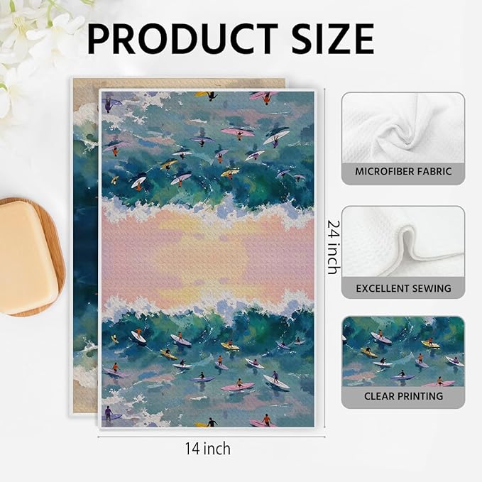 2PCS Coastal Surf Beach Summer Decor Dish Towels 16x24 Inch, Absorbent Microfiber Decorative Dish Cloth Tea Towel, Surf Ocean Beachy Bathroom Room Decor Aesthetic, Housewarming Gifts for Women Men
