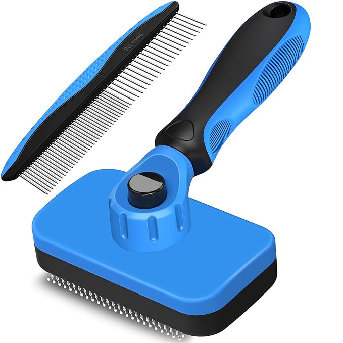 2PCS Self Cleaning Slicker Brush & Dog Comb - Skin Friendly Deshedding Grooming Tool for Dogs, Cats and Small Animals, Professional Deshedding Dematting Tool for Long and Short Haired Pets (Blue)
