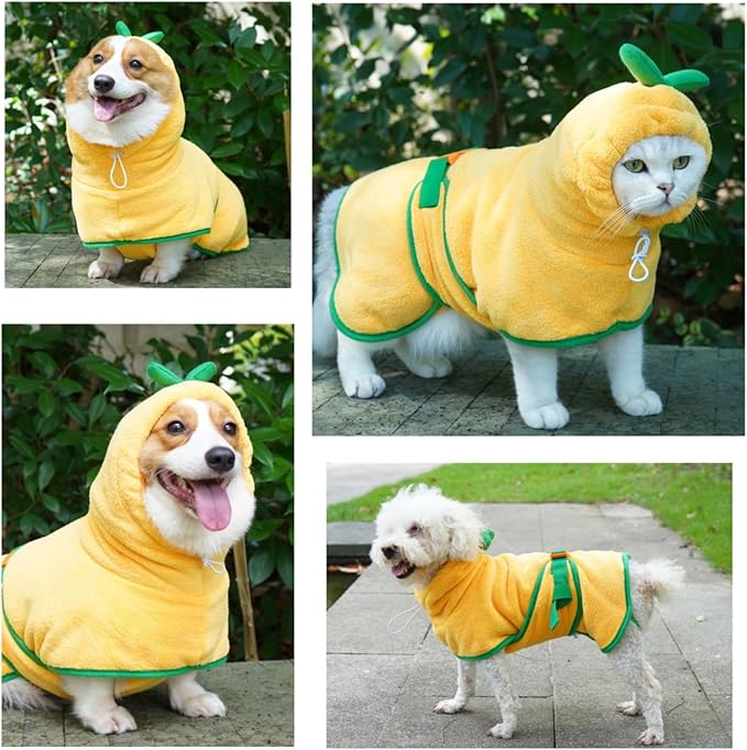 Pet Bathrobe for Dog Cat Absorbently Quick Drying Coat Cute Dogs Bath Towel Hooded Robe Adjustable Collar & Belly Strap for Pool Beach (Yellow, X-Large)