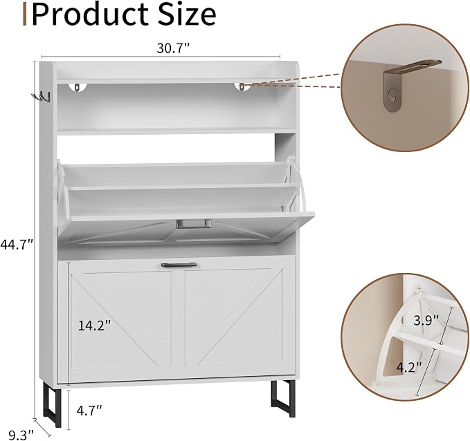 Xixini Shoe Storage Cabinet with 2 Flip Drawers, Entryway Shoe Rack, White | Freestanding Narrow Shoe Storage, Hidden Slim Wood Shoe Organizer, Modern Farmhouse, Open Storage & Hooks for Closet, Hallway