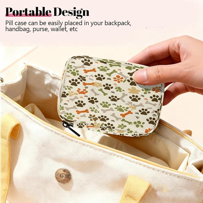 Weekly Pill Organizer Travel Size Bag with Removable 7 Day Pill Box Portable Vitamin Case Purse with Zipper,Beige Camo Pet Paws Bones