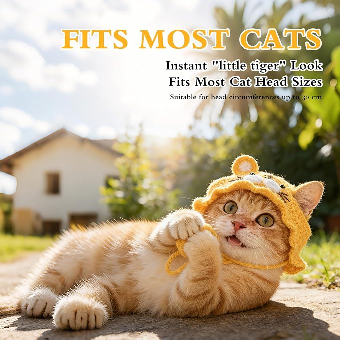 Tiger Cat Hat, Cotton & Soft Cute Knitted Hats for Cats Birthday Party Spring Puppy Hat for Small Pets (Yellow, M)