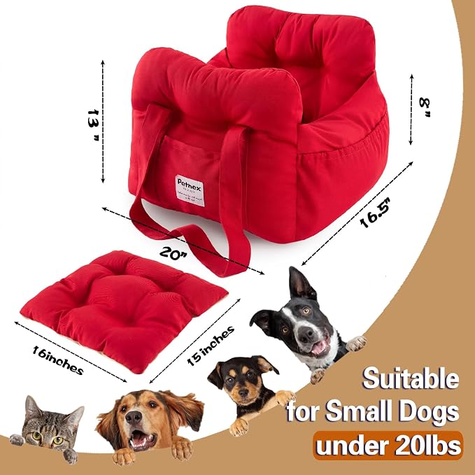 Dog Car Seat for Small Dogs, Portable Puppy Car Seat of Easy Installation, Fashionable Pet Carrier Bag with Large Pockets, Machine Washable Dog Booster Seat (Red)