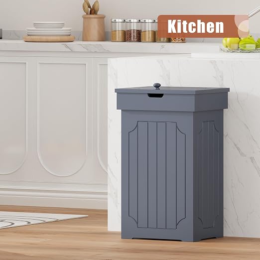 Function Home Trash Can Cabinet, 13 Gallon Kitchen Garbage Can, Wood Recycling Trash Bin, Freestanding Dog Proof Trash Can, Farmhouse Trash Cabinet with Lid for Home Kitchen Bathroom, Grey