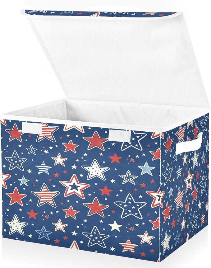 July 4th Patriotic Storage Bins with Lids Large Stars and Stripes Storage Basket with Handles Foldable Fabric Storage Box Organizer for Clothes Closet Cabinet Home Office Bedroom