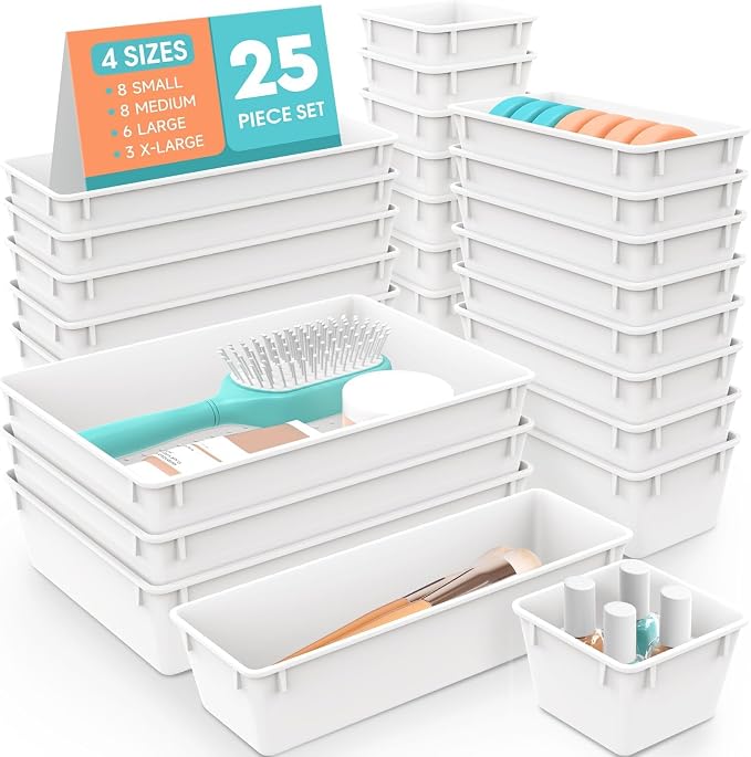 SpaceHacks 25 PCS Plastic Drawer Organizer, 4-Size Versatile Organizer Trays & storage Bins