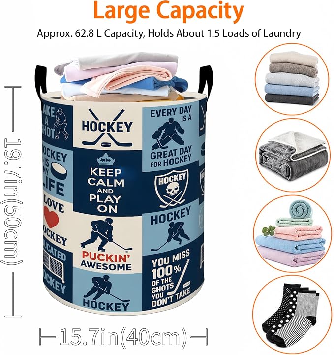 Hockey Sport Laundry Basket, Player Stick Puck Oxford Cloth Dirty Clothes Collapsible Hamper for Room Decor, Athletic Gifts, Toy Organizer 19.7 x 15.7 Inches for Bedroom Bathroom Dorm