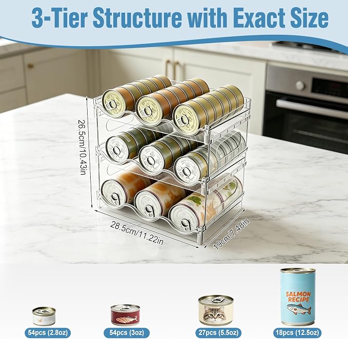 RETON Acrylic Cat Food Can Organizer for Pantry, 3 Tier Clear Pet Can Storage Rack, Canned Cat Food Dispenser Container Holds 54 (3.5oz) Cans for Kitchen Countertop Cabinet