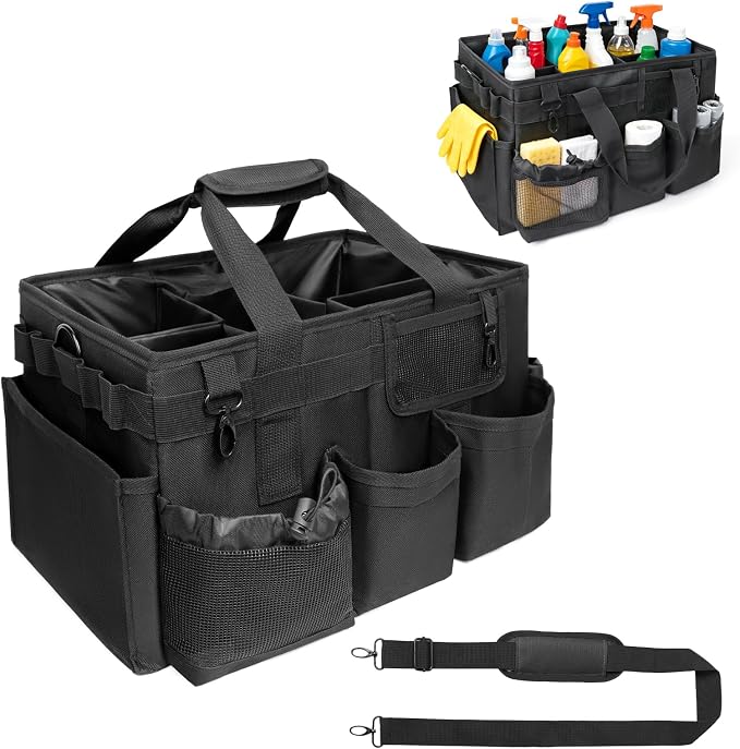 Large Cleaning Caddy Organizer, Adj Straps & Board Dividers | Heavy-duty Waterproof Nylon Fabric, Handle, Removable Divider, Tool Bags for Housekeepers, Car detailing
