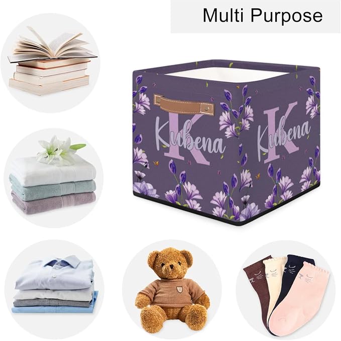 Personalized Name-Initial Purple Flower Storage Baskets for Women Girls, Custom Portable Square Storage Bins with Handles Foldable Organizer for Clothes, Toys, Blanket, Towel,Pet 13”