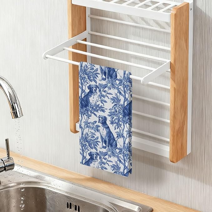 Pitbull Kitchen Dish Towels,Blue and White Floral Dog Towel Dish Tea Towels, Chinoiserie Decor for Kitchen Bathroom,Pitbull Gifts for Dog Lover Mom Dad,16x24 Inch