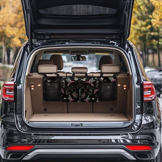 Dreaweet Stylish Hummingbird Flower Print Trunk Organizer for Car, SUV, Truck - 4 Pockets, 3 Adjustable Straps, Pink/Red