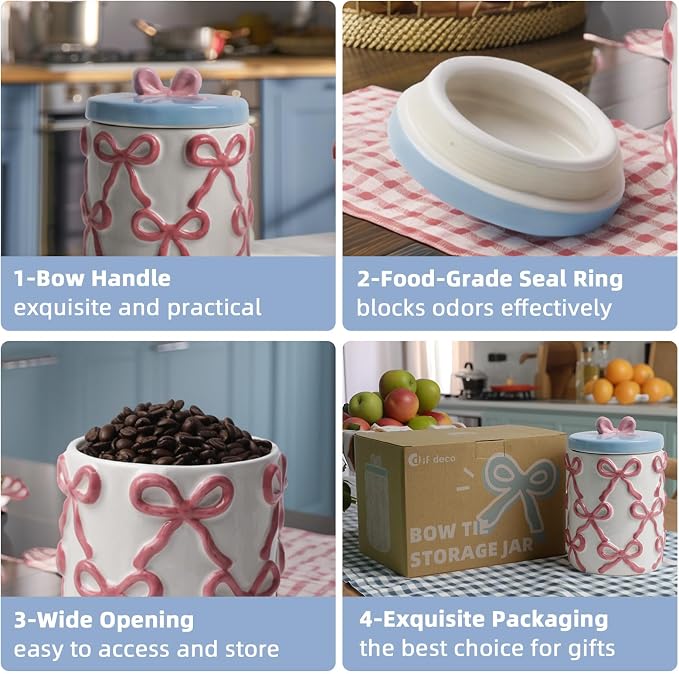 Cookie Jars with Lid Airtight, 42 OZ Large Ceramic Food Storage Containers, Cute Pink Bow Kitchen Canisters for Countertop, Suitable for Home Decor of Coffee, Sugar, Tea, Flour, Dog Treat (7.5 inch）