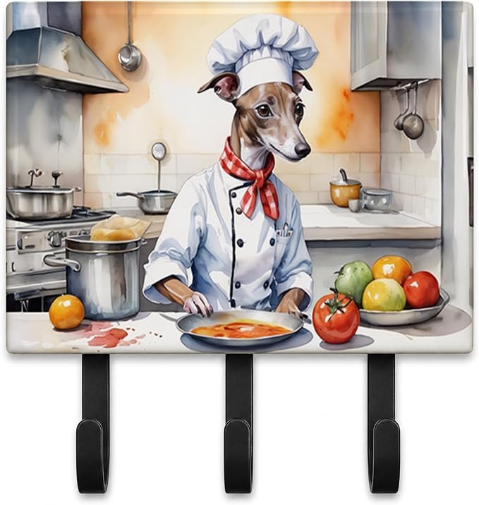 Caroline's Treasures Italian Greyhound The Chef Leash or Key Holder Wall Hooks, Key Hooks Holder, Coat Rack Wall Mount, Coat Hooks, Hooks for Hanging Keys, Towels, Aprons, Leashes | Italian Greyhound The Chef artwork on ceramic tile with three steel ho...