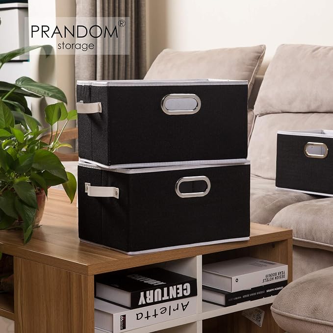 PRANDOM Large Collapsible Storage Bins for Closet [5-pack] Decorative Fabric Storage Baskets Cubes with Leather/Metal Handles for Shelves Bedroom Living Room Black (14.9x9.8x8.3 Inch)