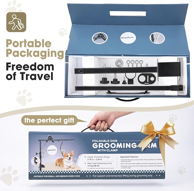 Pexhaju Dog Grooming Arm, Adjustable Foldable Integrated Table Clamp Bracket, Heavy Duty Support for Small Medium Dogs Home Salon Grooming Table Daily Use