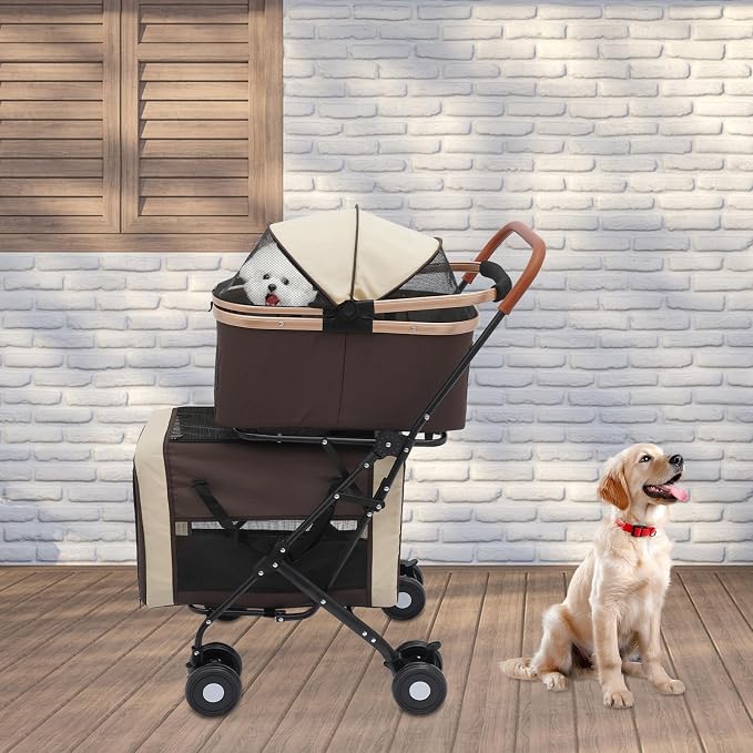 Double Dog Stroller for 2 Small & Medium Pets, Double Pet Stroller with Detachable Carriers, Foldable Dog Stroller for 2 Dogs, Two-Seater Carrier Dog Walk Jogger Travel Pet Carriage Cart (Coffee)