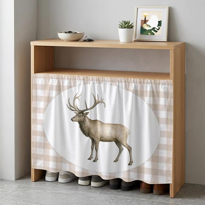 Majestic Buck Cabinet Dishwasher Hidden Curtains, Privacy Closet Door Curtain, Modern Natural Buck Rustic Farmhouse Plaid Adhesive Dust Proof Under Sink Skirt for Bathroom Kitchen 35"x35"