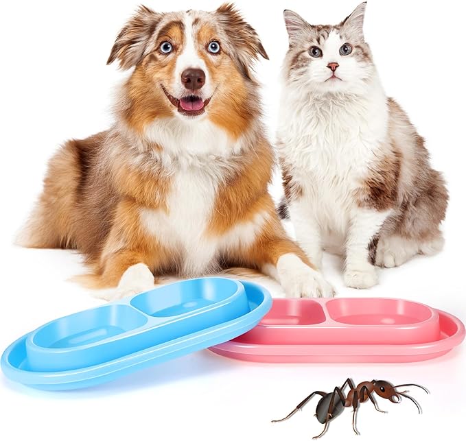 2 Pieces Cat Food Basic Dog Bowls 35oz Plastic Double Pet Food Water Bowls Feeding Bowl Tray Cat Eating and Drinking No Spill for Dogs Pets, Pink and Light Blue