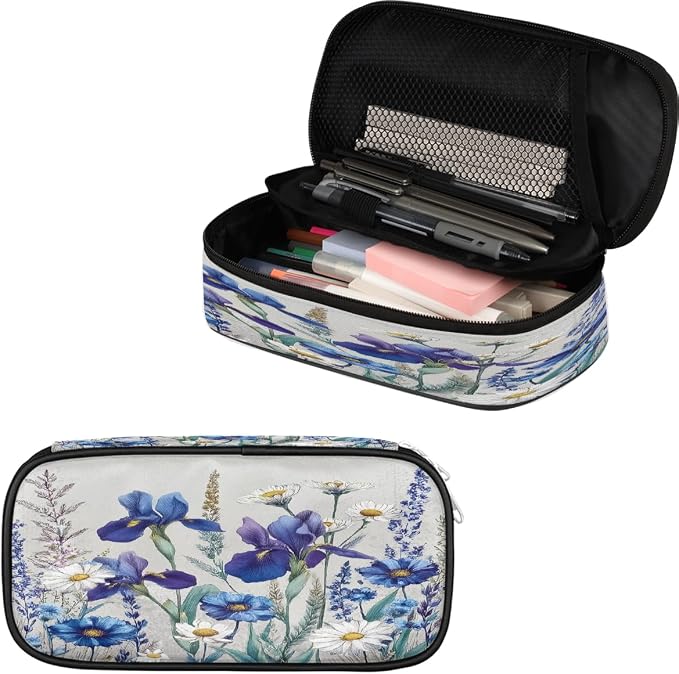 Cute Pencil Case for Girls Boys, Watercolorblue Purple Wildflowers Portable Pencil Bags Pouch Pen Case Organizer with Zipper for School College Office