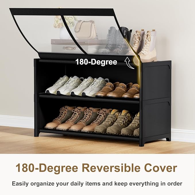 3 Tier Shoe Cabinet with Doors, 12-Pair Storage, Black | Compact Fits Entryway, Transparent Door for Quick View, Holds Sneakers, Heels, Flats, Wipe-Clean Waterproof