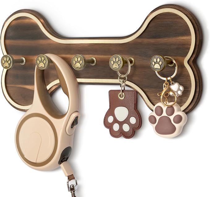 MTERSN Dog Leash Holder Wall Mount with Bone Shape, Entryway, Retro Brown