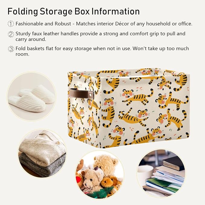 Cute Tigers Storage Basket with Handles Collapsible Canvas Storage Bin Toy Decorative Basket Closet Organizer for Nursery Bedroom Home