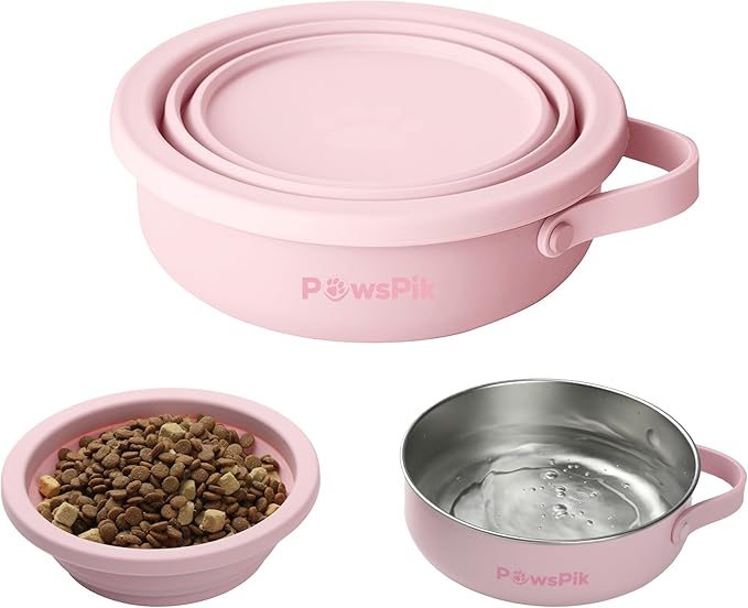 PawsPik 2-in-1 Travel Dog & Cat Bowl – Collapsible BPA-Free Silicone | 18/8 Stainless Steel, Portable & Non-Slip with Handle, Easy to Clean, Food & Water Bowl for On-the-Go Pets