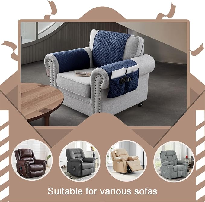 Water-Resistant Sofa Armrest and Headrest Covers with Side Pocket | Keep remotes close quilted polyester helps guard against wear, pet scratches, and kids' messes silicone backing adds grip