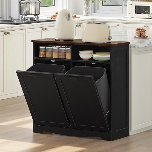 HOOBRO Double Tilt Out Trash Can Cabinet, 20 Gallon Kitchen Trash Bin Cabinet, Hidden Trash Storage with Open Compartments, Hidden Laundry Hamper, for Kitchen, Laundry, Black and Walnut BH04LJ01