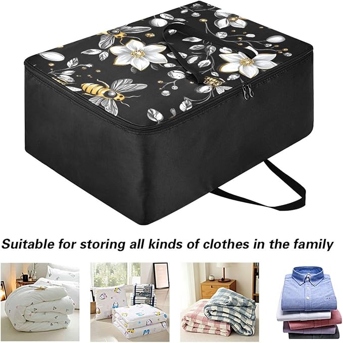 Comforter Storage Bags Large Folding Blanket Organizer Bag with Strong Handles Clear Window Closet Storage Containers for Clothes King Queen Pillows Bedding Quilt Duvet Diamonds Bees Flower