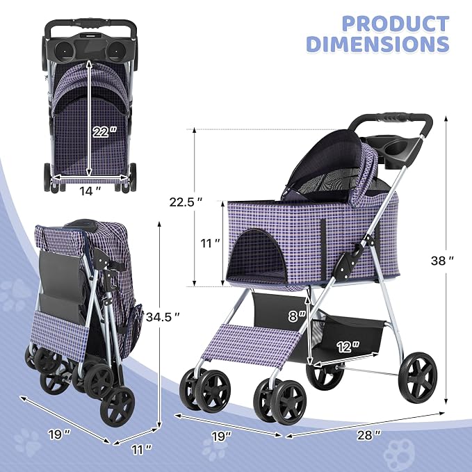 Magshion 3-in-1 Foldable Pet Stroller for Small to Medium Dogs and Cats | Dog Travel Jogger with Detachable Carrier, Cup Holder & Storage Basket, For Small/Medium Dogs & Cats Up to 33 lbs