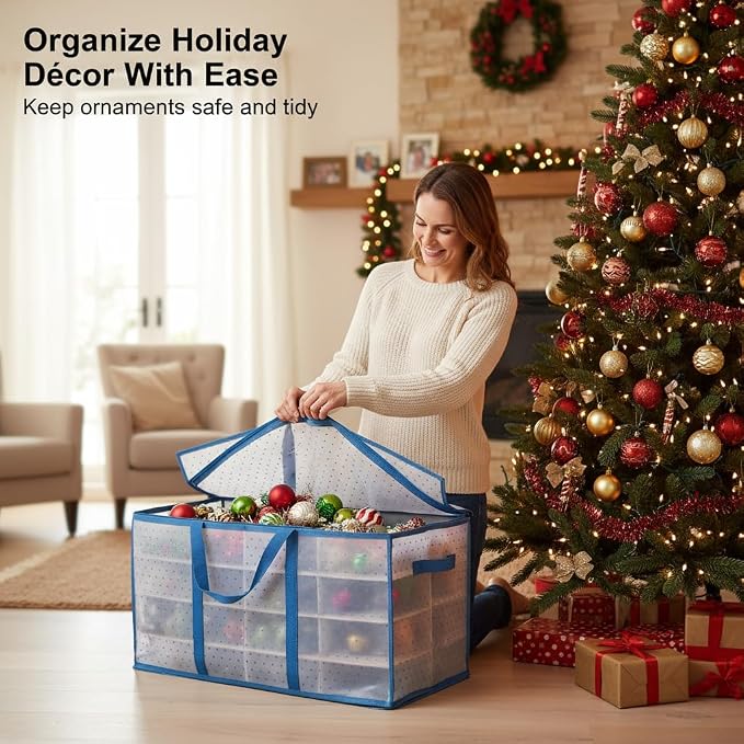 Christmas Ornament Storage Box 128 Capacity - Large Plastic Organizer with Adjustable Dividers & Slots, Holiday Decoration Storage Container for 3 Inch Ornaments by Hearth & Harbor