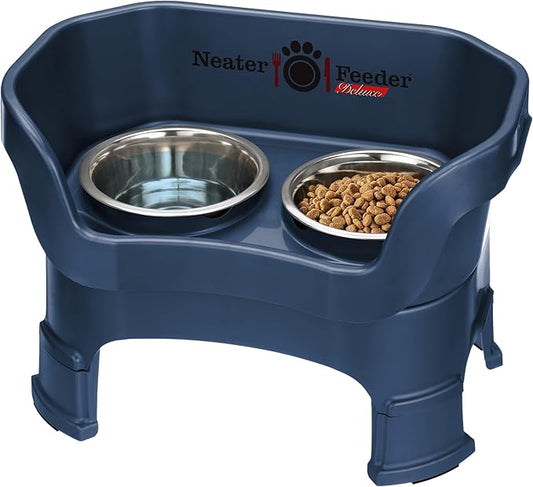Neater Feeder Deluxe Mess-Proof Elevated Dog Bowls for Medium Dogs (19–40 lbs), 2 Height Adjustable (10” & 12.5”) No-Spill Raised Dog Bowl Stand, Stainless Steel Food Bowl Set, Made in USA, Dark Blue