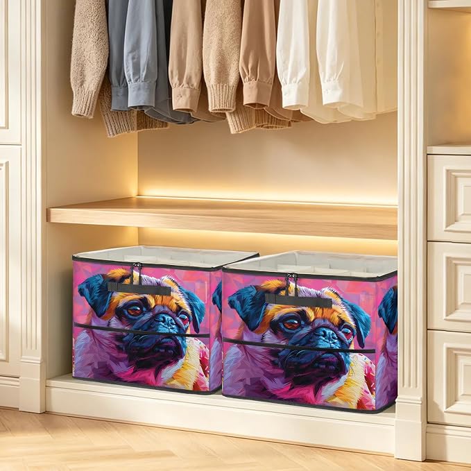 TropicalLife Funny Pug Dog Shoe Organizer for Closet | Foldable Shoe Storage Box Bin 16-32 Pair Shoe Storage for Sneakers, Boots & Heels with Adjustable Dividers, Clear Cover