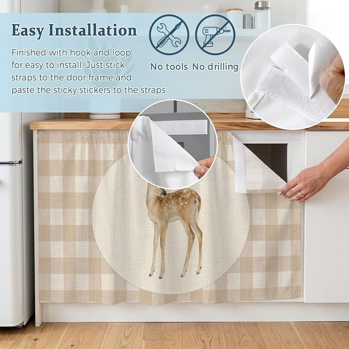 Resting Fawn Sink Skirt for Bathroom, Self-Adhesive Under Sink Curtain, Retro Natural Animals Farmhouse Plaid Hide Pipes & Storage Fabric Cabinet Skirt Cover for Kitchen Laundry 32"x55"