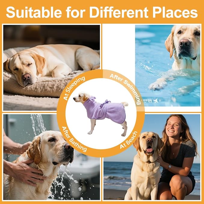 Medium to Large Size Dog Bathrobe, Quick Drying Super Absorbent, Warm Dog Towels, Adjustable Hoodies and Belts for Dog Bath Products (Purple, 5XL-Fit for 75 to 95 pounds)