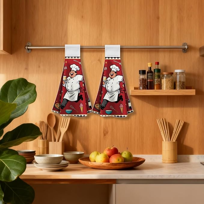 CUTHOLLOW Cartoon Chefs Hanging Kitchen Towels with Loop, Set of 2 - Soft & Super Absorbent Microfiber Decorative Hanging Dish & Hand Towel, Tea, Coffee Towel for Kitchen Bathroom Oven Handle