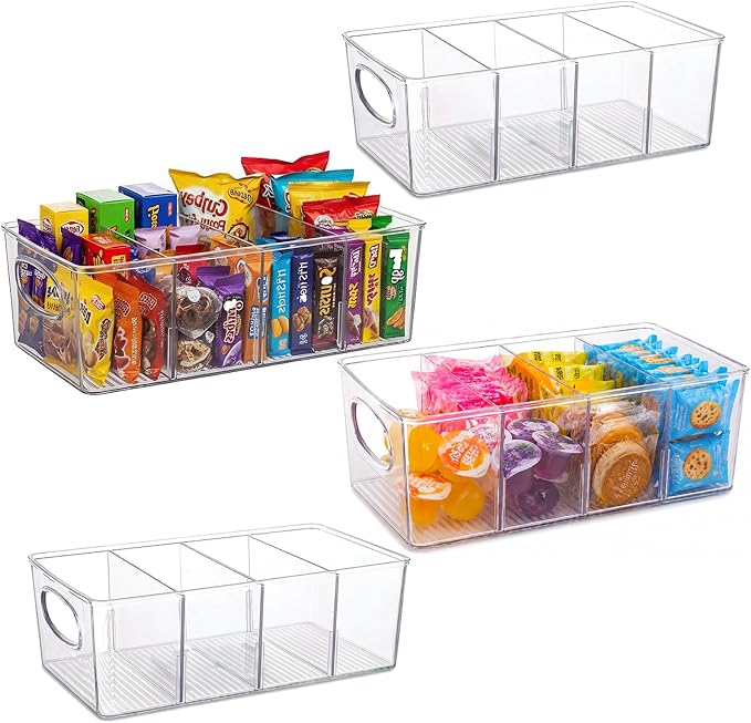 Clear Plastic Storage Bins with Removable Dividers – Pantry Snack Organizer, Kitchen Pantry Organizers and Storage, Snack Drawer Organizer, Fridge Organizer (4 Pack)