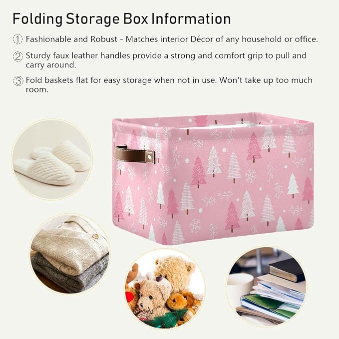 Christmas Tree Pink Storage Basket Fabric Kitchen Baskets Winter Snowflake Xmas Decorations Open Home Storage Bins Boxes Foldable Organizer Bag for Toy Book Shelf Closet Baskets 16×12×8 Inches 2 Pack